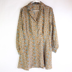 Allegra K Women's Shirt Dress Button Up Floral Blue & Orange Size M Long Sleeve
