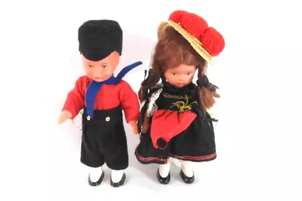 Lot of 2 Vintage Hard Plastic Dolls Netherlands Girl Boy Blue Eyes Hair