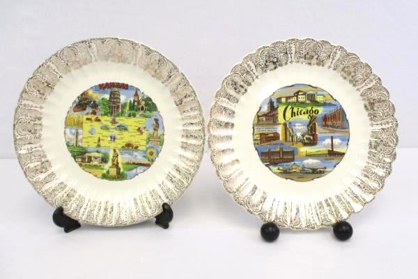 2 KANSAS CHICAGO City State China Collectors Plate Detailed Gold Gilt Edge Cream