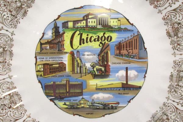 2 KANSAS CHICAGO City State China Collectors Plate Detailed Gold Gilt Edge Cream