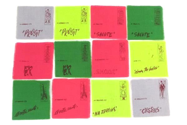 Lot 12 Linen Fabric 6 Inch Square Remnant Quilt Craft Cheers Language Greetings