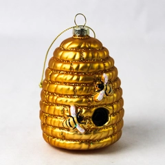 Glass Yellow Bee Hive Christmas Ornament