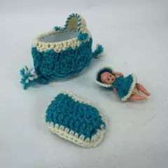 Tiny Plastic Baby Doll W/ Hand Crocheted Blue And White Bassinet And Clothes