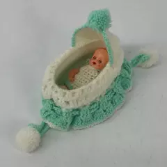 Tiny Plastic Baby Doll With Hand Crocheted Green And White Bassinet And Clothes