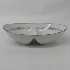 Vtg Noritake Rosepoint Divided Vegetable Bowl 6206 White Platinum Rim Roses
