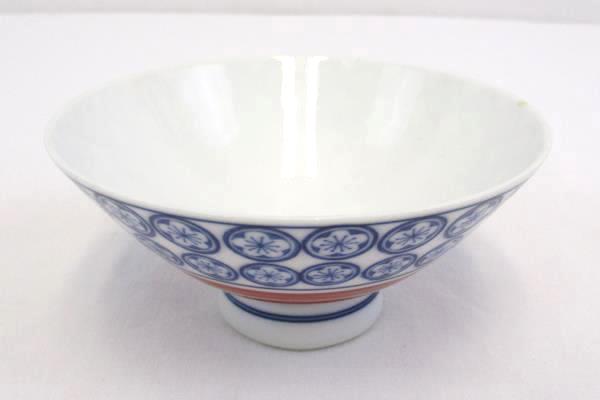 Ceramic Soup Rice Bowl Blue Red Asian Design Pedestal 4.75" Diameter
