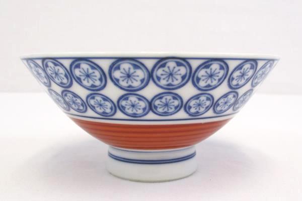 Ceramic Soup Rice Bowl Blue Red Asian Design Pedestal 4.75" Diameter