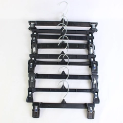 Lot of 9 Black Plastic Clothes Hangers with Metal Clips for Pants and Skirts