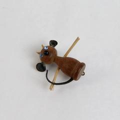 Miniature Teak Wood Leather Devil Mouse Blue Crystal Eye Pin Brooch Denmark