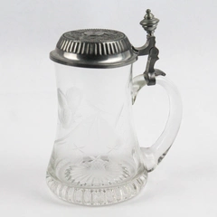 German Crystal Beer Stein, Pewter Lid by Gebruder Bing Nurnberg Etched
