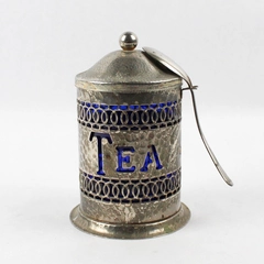 Set of 4 Pieces Silver-Plated Tea Canister With Blue Plastic Insert & Spoon