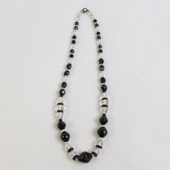 Vintage Art Deco Black And Clear Pressed Glass Chunky Beaded Necklace 17"