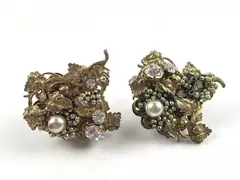 Miriam Haskell Clip-on Earrings Filigree Gilt Leaves With Rhinestones