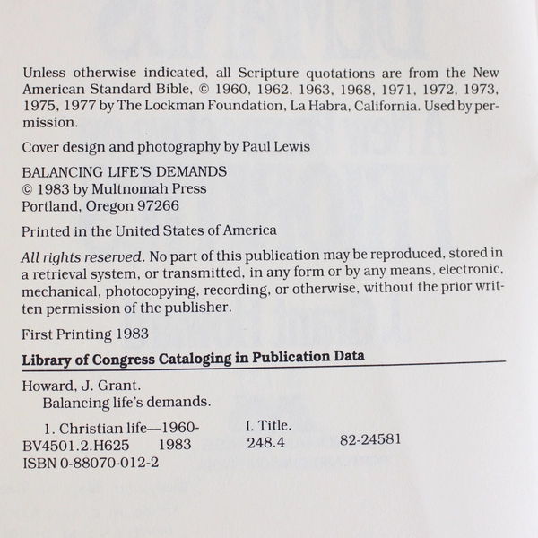 Balancing Life's Demands by J Grant Howard 1983 Paperback Ex-Library