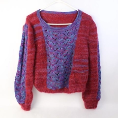 Handmade Red Purple and Blue Knit Crochet Sweater Women's Size Medium