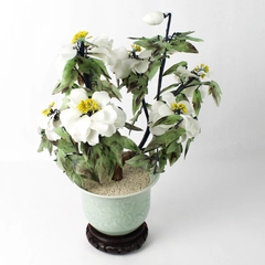 Glass And Jade Magnolia Bonsai Tree In a Celadon Pot With Wood Stand 15 Inch