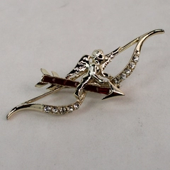 Vintage Gold Tone And Rhinestone Cupid Bow And Arrow Brooch