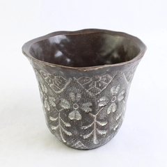 Stoneware Planter Pot Brown White Stoneware Etched Flower Medium 5" H x 6" W