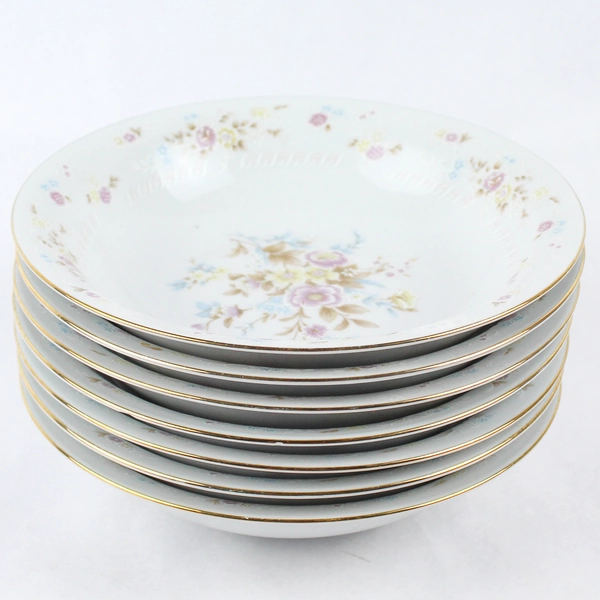Lot of 7 Vintage Romance by Jamestown Flat Coupe Soup Bowl Fine China Gold Trim