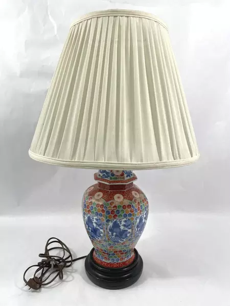 Samuel Dinkelspiel Porcelain Table Lamp With Wood Base Geometic Floral Pattern