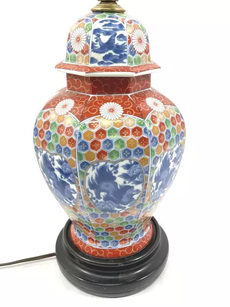 Samuel Dinkelspiel Porcelain Table Lamp With Wood Base Geometic Floral Pattern