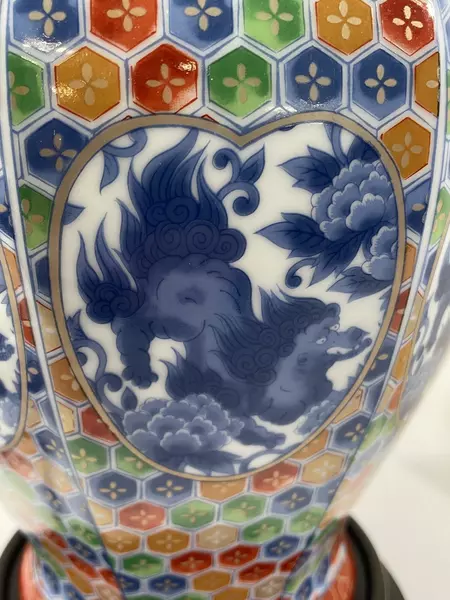 Samuel Dinkelspiel Porcelain Table Lamp With Wood Base Geometic Floral Pattern