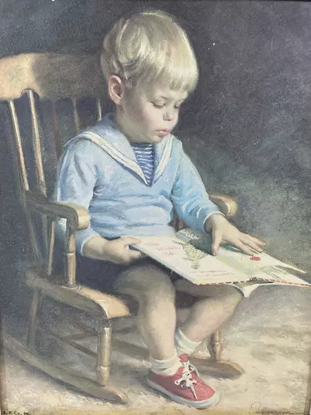 Vintage Framed Print "Gary" by James Ingwersen - Boy Reading Book 12.5"x10.5"