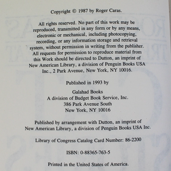 Treasury of Great Cat Stories by Roger Caras 1993 Vintage Hardcover Book