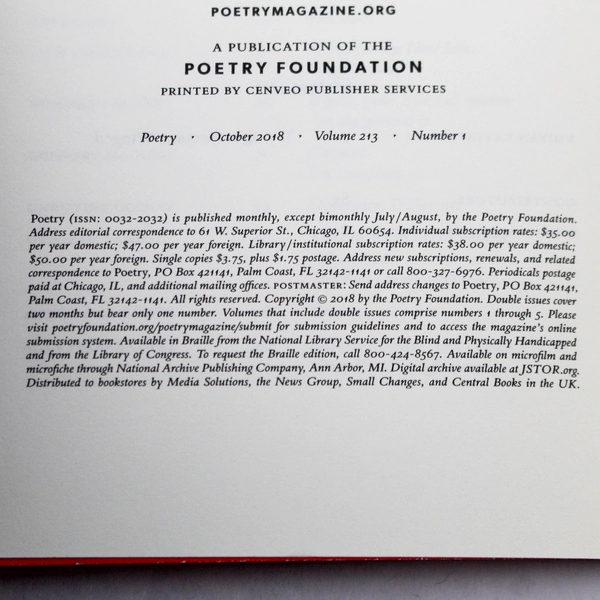 Poetry Magazine October 2018 Vol. 213 No. 1 Paperback - Good Condition