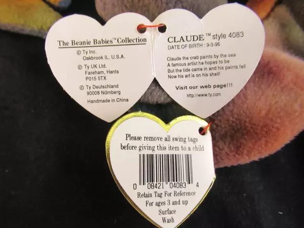 Ty Beanie Baby Claude the Crab 7.5" Beanbag Plush Orange Purple PVC Pellets 1996