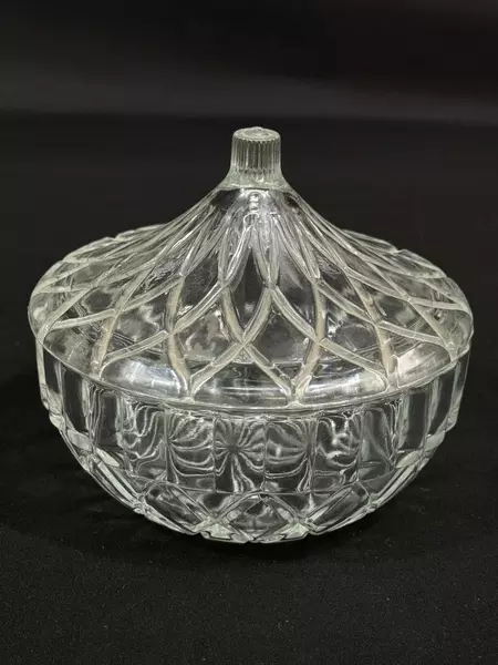 Vintage Glass Candy Dish with Lid Floral Pattern Ribbed Starburst Base 4" Tall