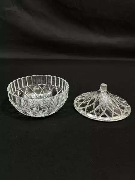 Vintage Glass Candy Dish with Lid Floral Pattern Ribbed Starburst Base 4" Tall