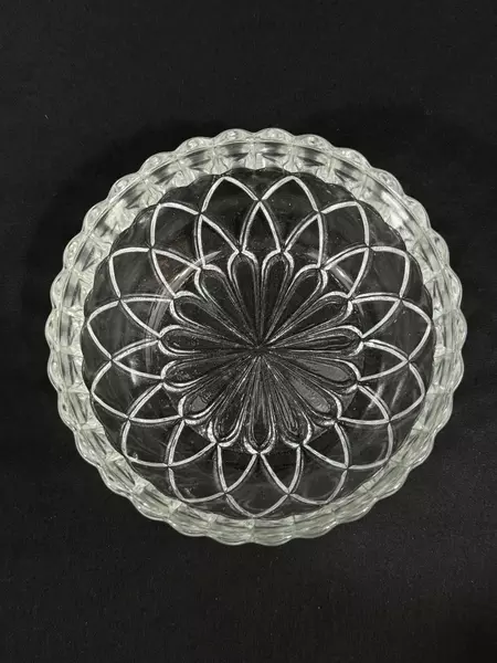 Vintage Glass Candy Dish with Lid Floral Pattern Ribbed Starburst Base 4" Tall