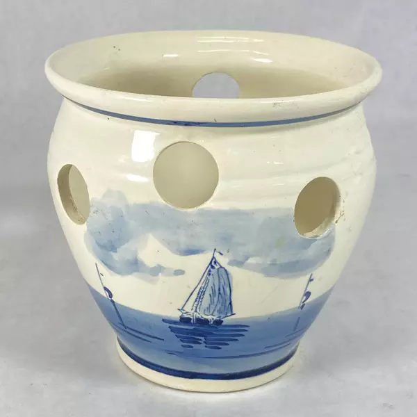 Vtg Delft Blauw Crocus Bowl Planter Vase Holland Windmill Sailboat Decor
