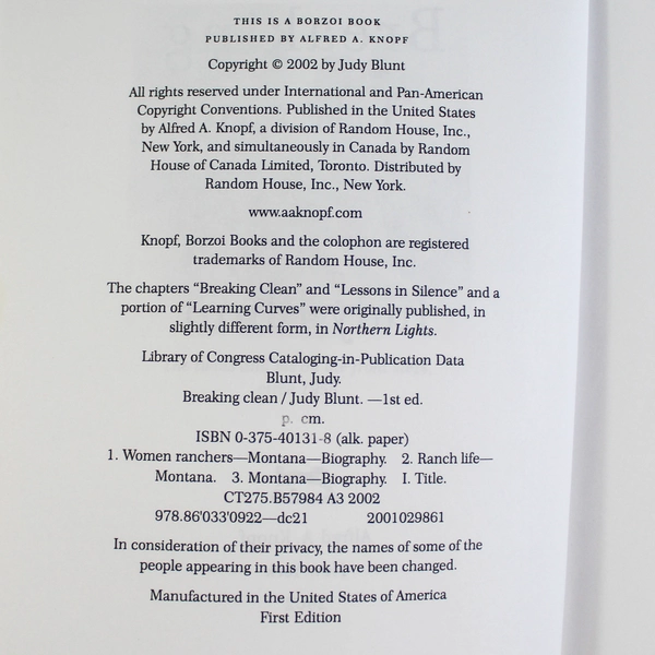 Breaking Clean by Judy Blunt 2002 Paperback Book Uncorrected Proof Copy