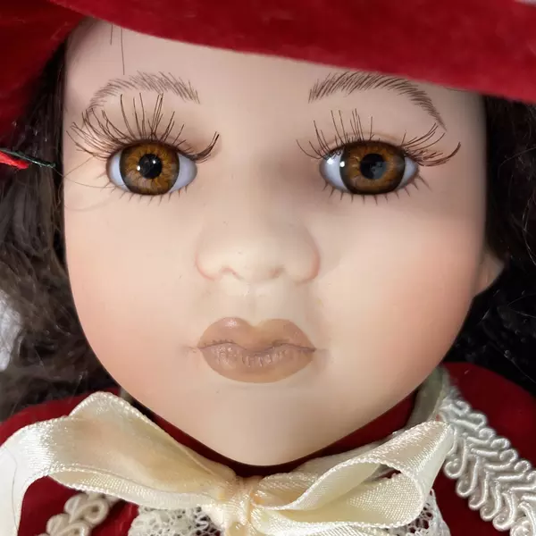 Seymour Mann 15.5" Porcelain Doll Red Velvet Dress & Hat Brown Ringlets
