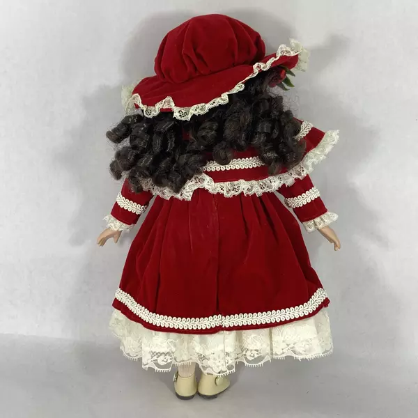 Seymour Mann 15.5" Porcelain Doll Red Velvet Dress & Hat Brown Ringlets