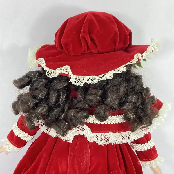 Seymour Mann 15.5" Porcelain Doll Red Velvet Dress & Hat Brown Ringlets