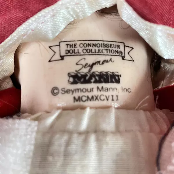 Seymour Mann 15.5" Porcelain Doll Red Velvet Dress & Hat Brown Ringlets