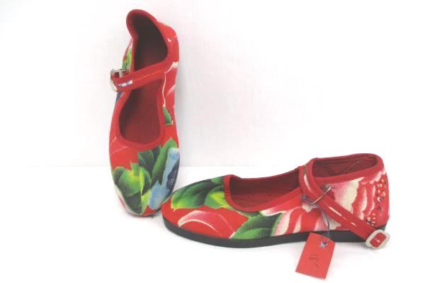 Vintage Child's Asian Floral Red Mary Jane Style Dress Shoes Youth Girls 13 US