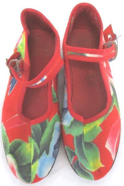 Vintage Child's Asian Floral Red Mary Jane Style Dress Shoes Youth Girls 13 US