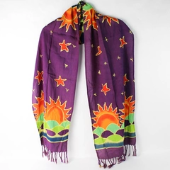 Unbranded Scarf Purple Sun and Stars Pattern & Fringe 14" x 67"