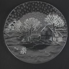Clear Glass Platter Winter Village Scene With Ice Skaters 12.5 Inch