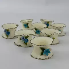Set of 8 Crimped Edge Ceramic Napkin Rings With Applied Blue And White Flowers