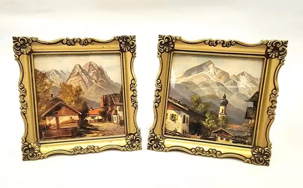 Lot of 2 Vintage Miniature Pictures of Garmisch Germany Dated 1979 Framed