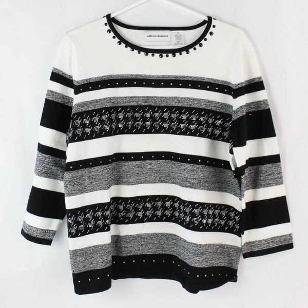 Alfred Dunner Women's Striped Rhinestone Sweater Size S Black White Gray