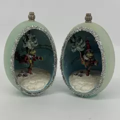 2 Green Ceramic Egg Diorama Christmas Ornaments With Light Up Skiing Frog Scene