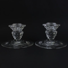 Set Of 2 Matching Clear Glass Taper Glass Candle Holders 4.5" Diameter 3" Tall