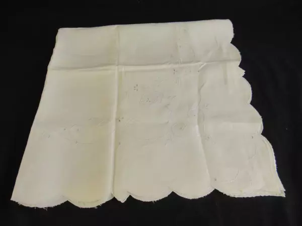 Vintage Tablecloth Linen Feel White Light Blue Textured Floral Embroidered