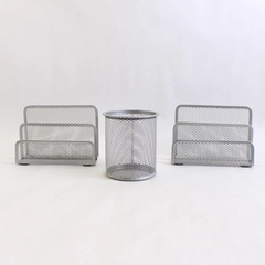 Lot of 3 Metal Mesh Desk Storage Organizers Silver Tone Envelope Pen Holder